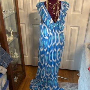 Oliphant Blue Ruffled Plunge Maxi Dress Resort Wear